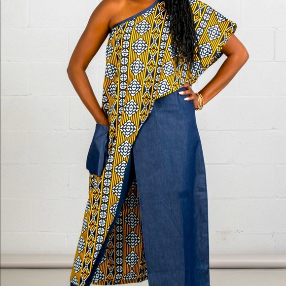 AFRICAN PRINT/DENIM DUSTER - Denim & Yellow - Picture 1 of 2